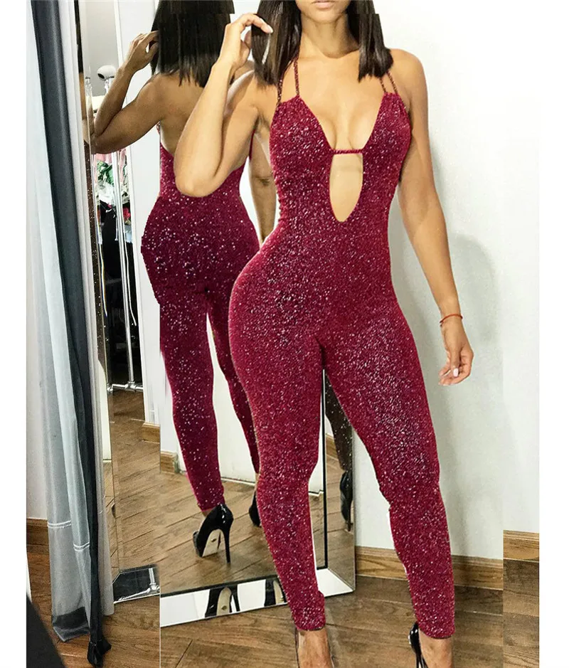 Женский комбинезон с открытой спиной черный блестящий без рукавов Осенний