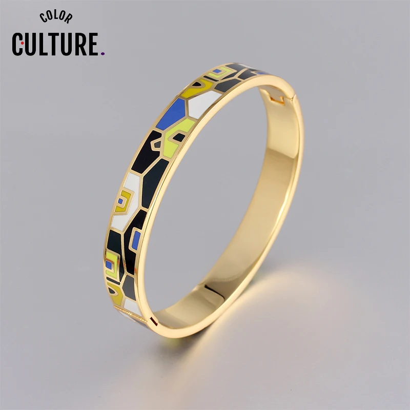 

New Fashion Stainless Steel House Pattern Bangles Bracelet For Women Gold-Color Couples Bangle Ethnic Colorful Enamel