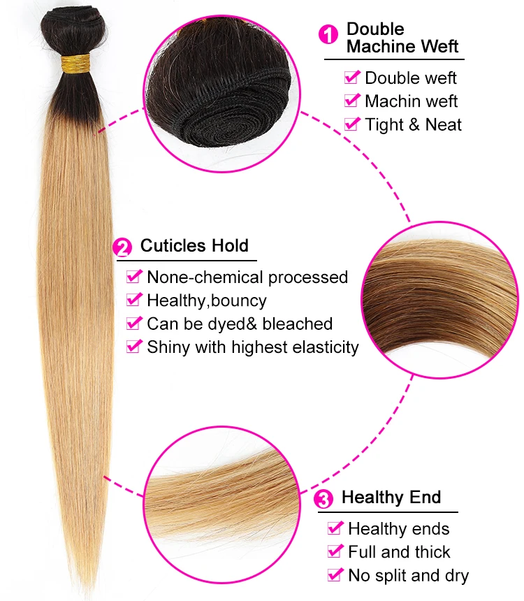 Feel Me Ombre Peruvian Straight Human Hair Bundles With Closure 1b/27 Honey Blonde Bundles With Closure Non Remy Hair Extensions
