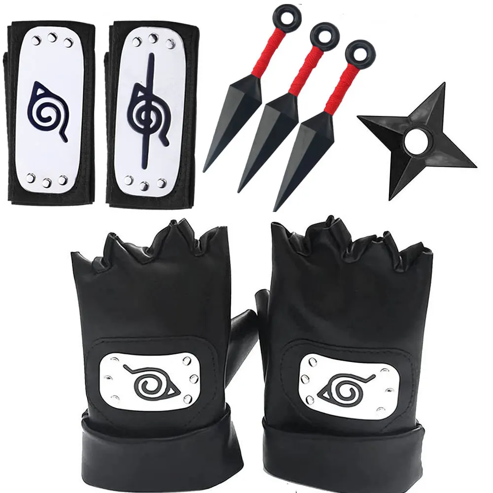 Naruto Weapons Kunai Gloves PU Headband Cosplay Set Toy Uchiha Kakashi Anime Figure Ninja Prop Apparel Accessories Cool Kid Gift