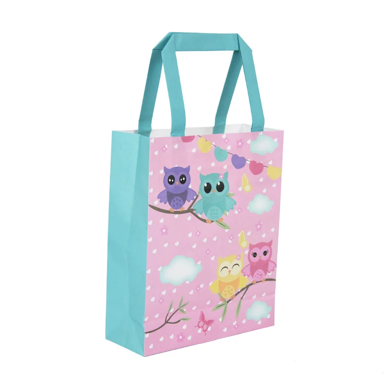 8pcs paper bag Розовая Сова тема одноразовая посуда набор лоток бумажное полотенце для чашек детский день рождения, детский душ вечерние Декор - Color: 8pcs paper bag