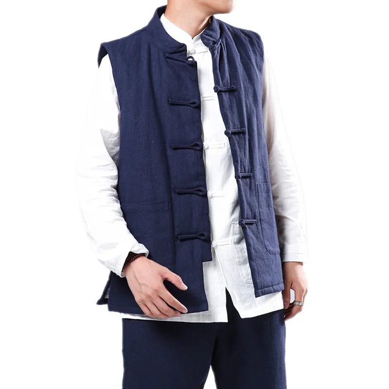 

Winter Thick Vest Chinese Style Cotton Jacket Retro Coat 2021 Black Top Men Clothing Harajuku Buckle Clothes Male