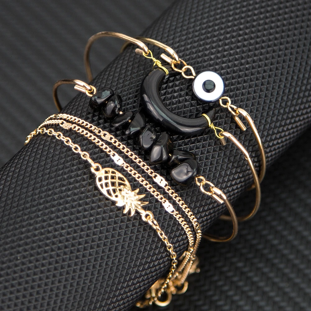 6 PCS/set Bohemian Black Beads Chain Bracelets Bangles For Women Fashion Pineapple Moon Sets Jewelry Gift | Украшения и