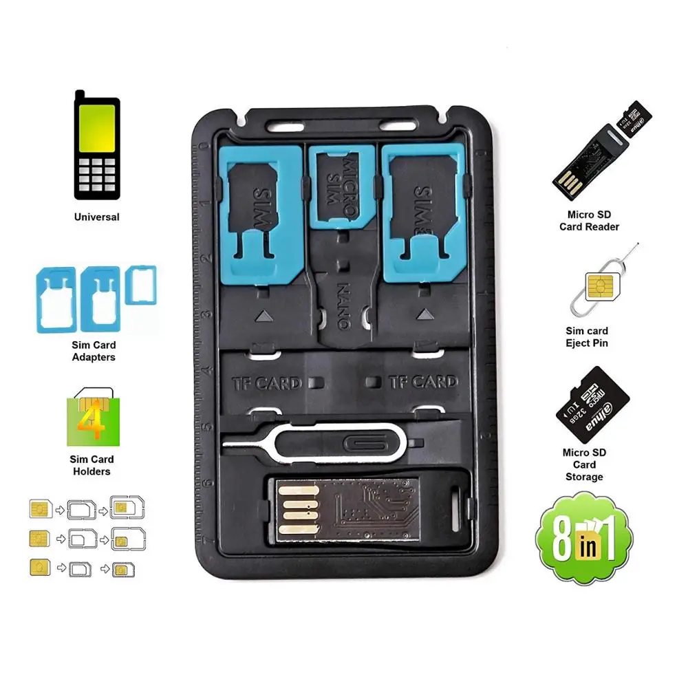 

All in One Credit Card Size Slim SIM Adapter kit with TF card reader & SIM Card Tray Eject Pin, SIM Card holder
