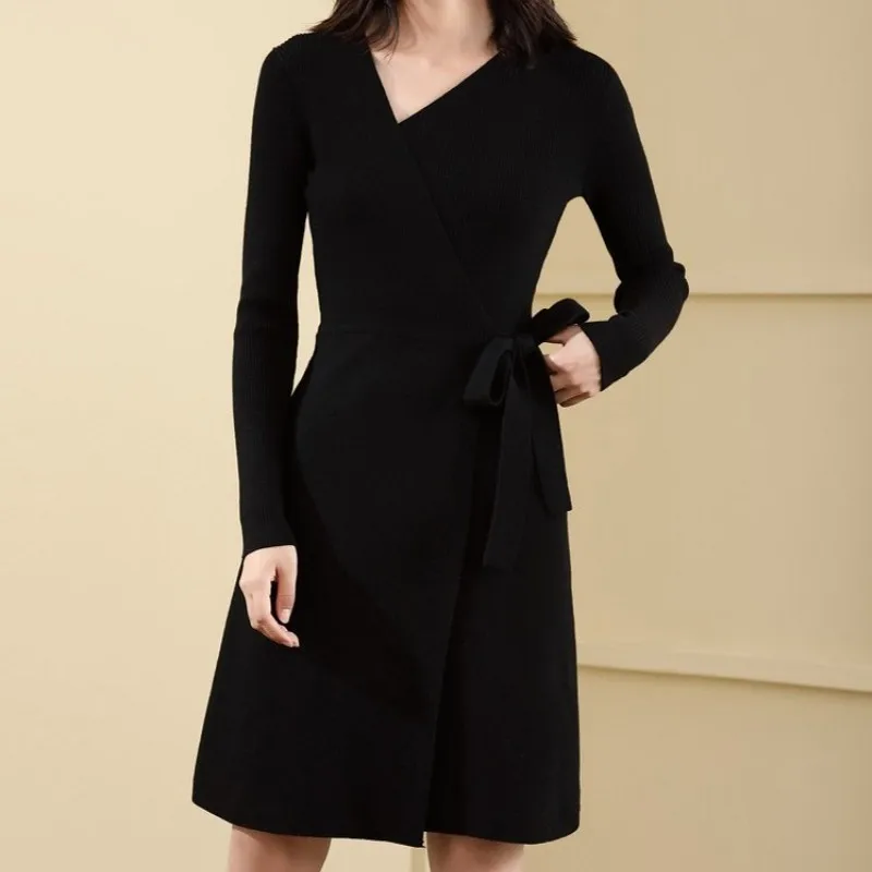 European American Womens Autumn Slim Belt Sweater Dress Female Designer Fashion Solid Purple V-Neck Sweaters Long Wool Clothes | Женская