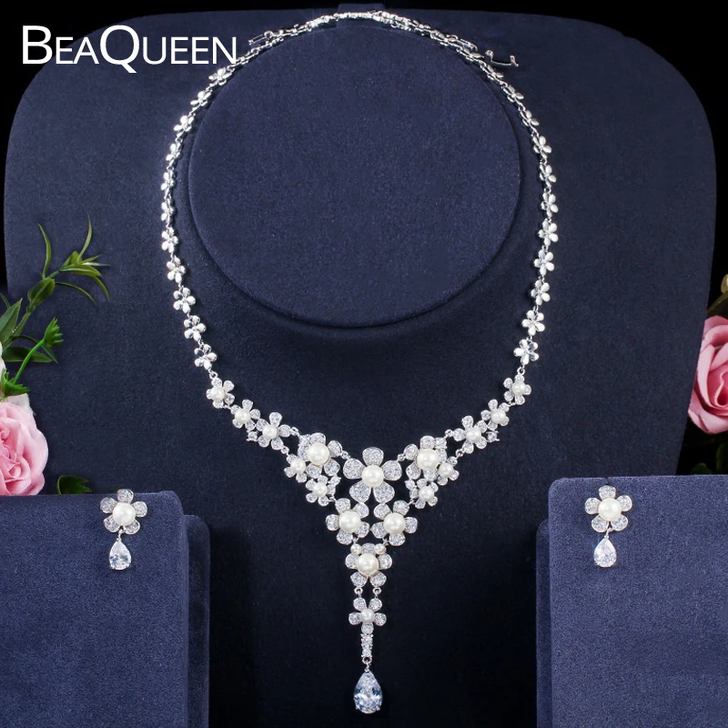 

BeaQueen Luxury Flower Cluster Pearl Bridal Wedding Jewelry Set Cubic Zirconia Long Pendant Necklace and Earrings Sets JS211