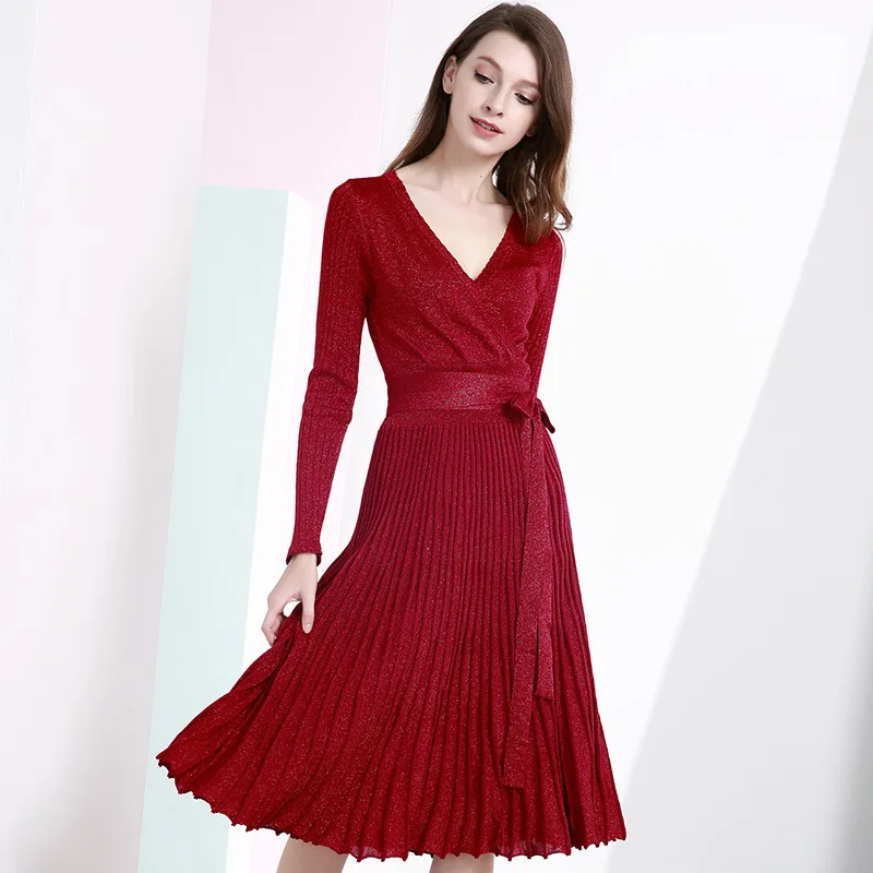 

Новый 2020 осень-зима в винтажном стиле; Яркие шелковые пикантные V образным вырезом трикотажное платье для женщин элегантные вечерние Красно...