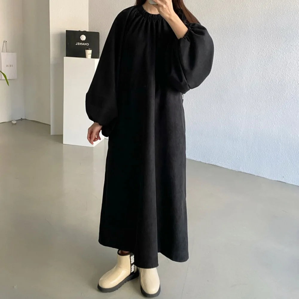 

Korean Fashion Retro Design Drawstring Loose Women Dress 2021 Autumn New Solid Color Round Neck Long Sleeve Simplicity