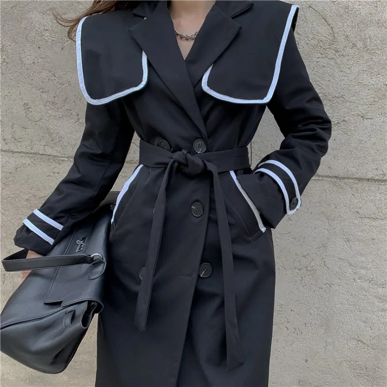

2021 Spring Autumn New Womens Navy Collar Temperament Trench Coat Design Sense Double-breasted Adjustable Waist Button Coats