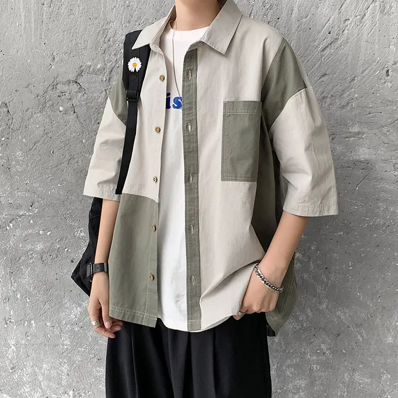 Summer Shirt Men's Fashion Contrast Color Casual Shirt Men Streetwear Tooling Shirts Mens Wild Loose Short Sleeve Shirt M-2XL