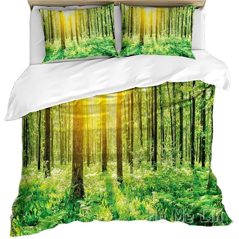 

Woodland Duvet Cover By Ho Me Lili Forest Springtime Freshness Theme Foliage Sunbeams Sunrise Nature Decorative Bedding Set