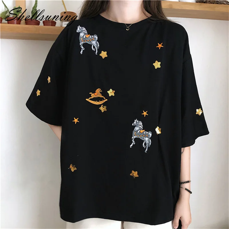 Женская футболка с короткими рукавами Shellsuning Повседневная из 100% хлопка вышивкой