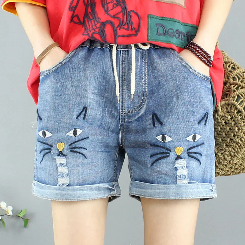 

Women Vintage Cat Embroidered Jeans Ripped Cotton Denim Shorts Casual Ladies Lace Up Elastic Waist Blue jeans mujer