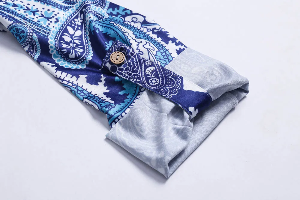 

Women Casual Split V Neck Cuffed Sleeve Floral Print Shirt Blouses Tops