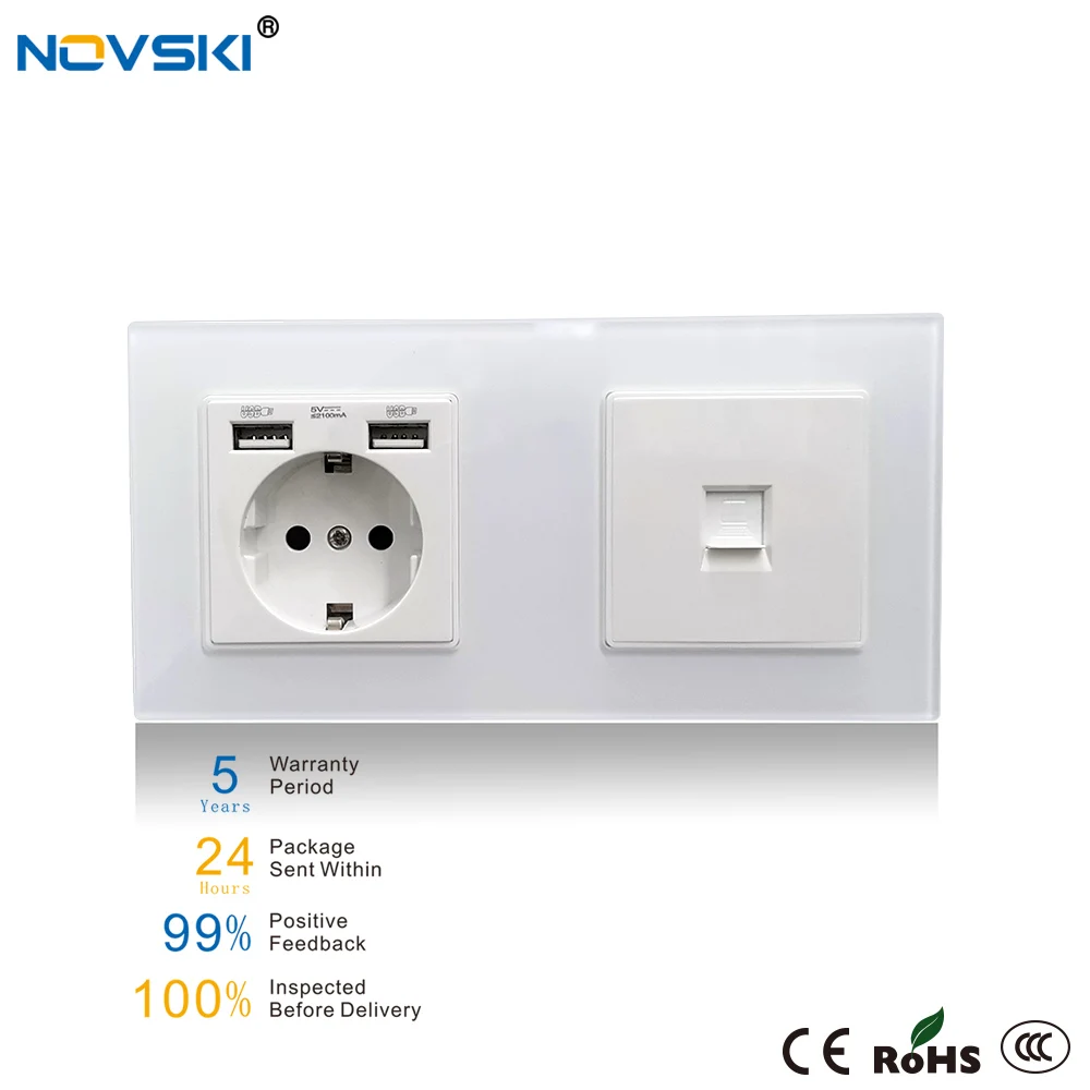 NOVSKI Настенная розетка USB Cat 6 10 Гбит / с COM-разъем Панель данных из хрусталя