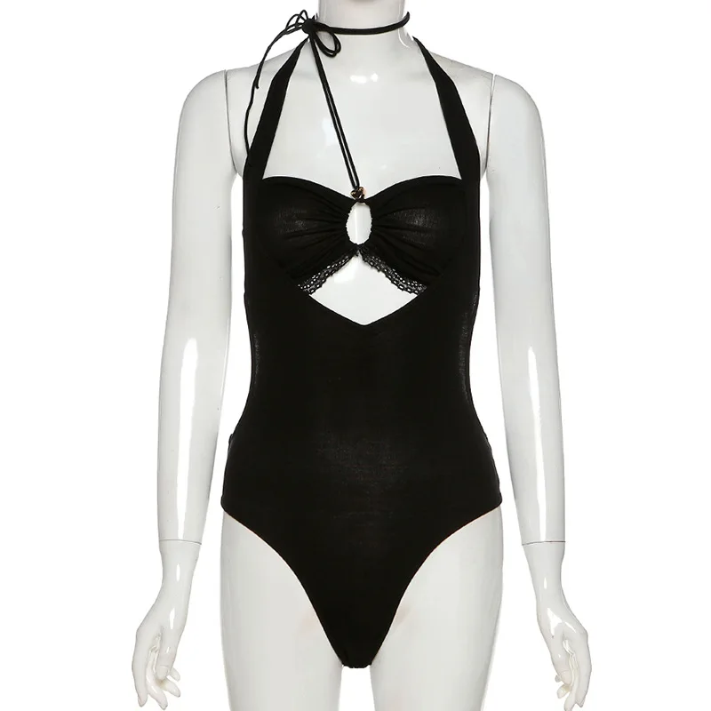 

Sexy Solid Black Sleeveless Hollow out Tie Neck Jumpsuit High Bodysuits Sexy Style Y2k Clothes 2021 Summer Overalls for women