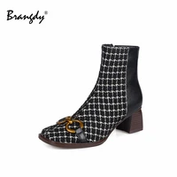 brangdy classical women pumps genuine leather grid retro women shoes metal decoration square heels toe zipper women ankle boots