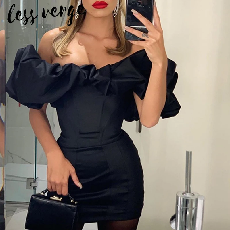 Lessverge черное облегающее платье с оборками и открытыми плечами женское