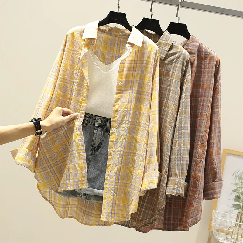 

New Sunscreen Plaid Shirt Summer Thin Design Korean Version Casual Shirts Female 2021 Spring Autumn Women Shirts Blouses