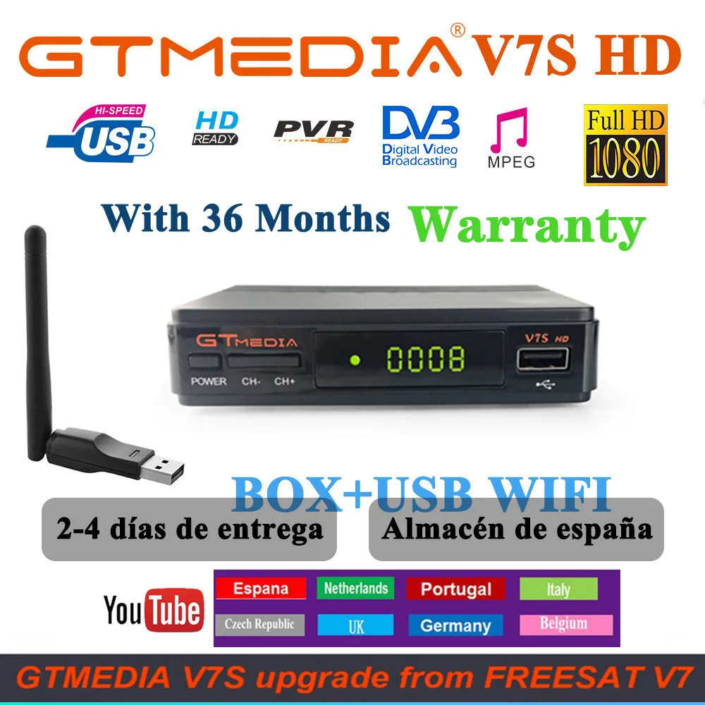 DVB S2 GTmedia V7S HD спутниковый ресивер доставка из Испании с USB WIFI антенной работает от