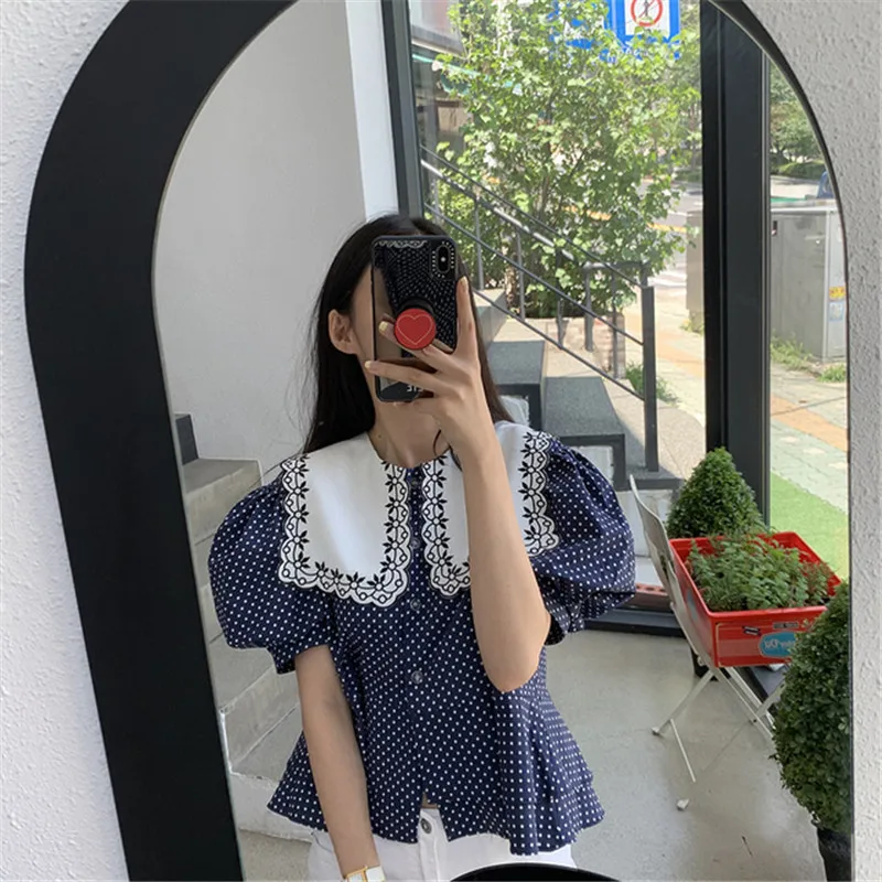 

Korean Style Elegant Dot Shirt Femme 2021 New OL Women Blouses Chic Lapel Puff Sleeve Loose Tops Woman Clothes