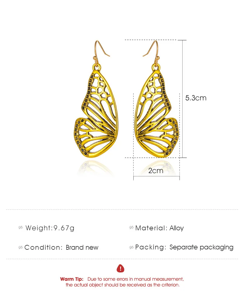 Женские серьги-подвески в стиле ретро с полой половинной крылышкой золотистого и