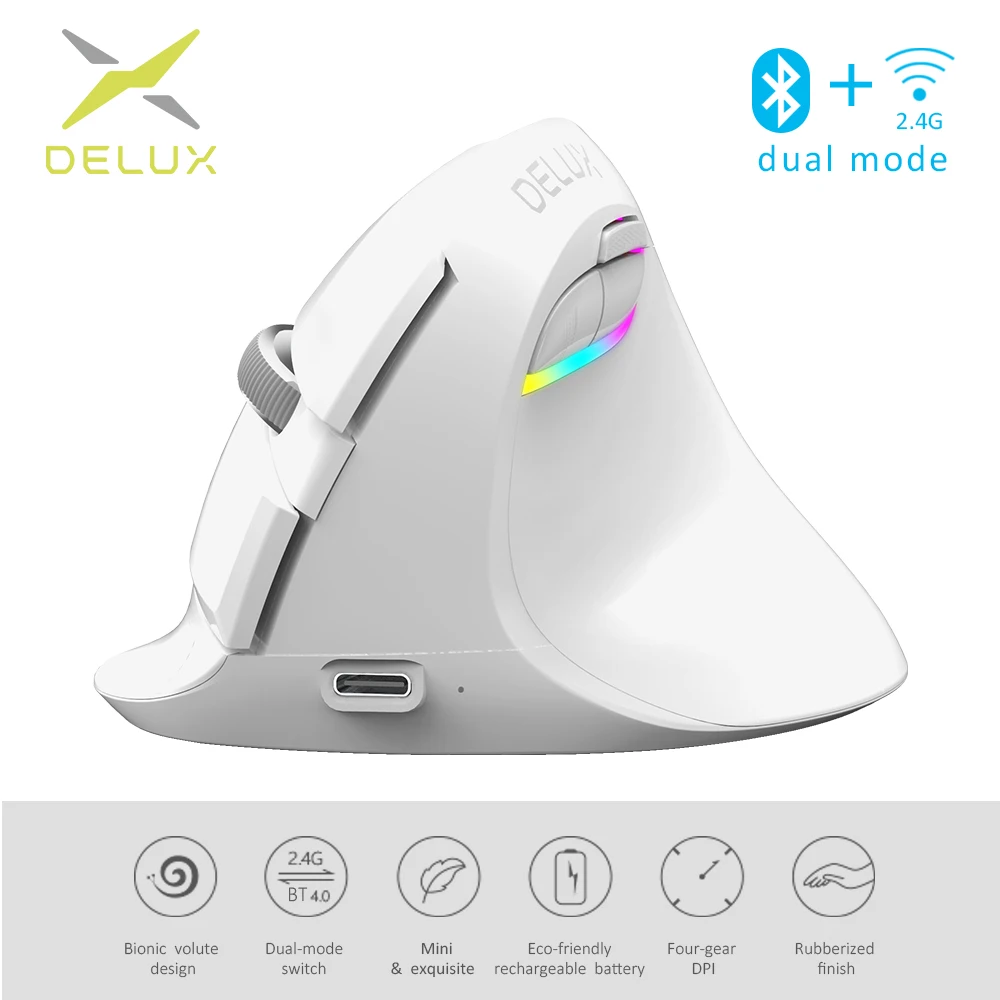 

Delux M618 Mini Wireless White Mouse Bluetooth 4.0+2.4GHz Dual mode Ergonomic Rechargeable Silent click Vertical Mice For PC