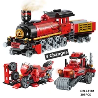 3 changes city train vehicle building blocks cargo railway station car deformation sets motorcycle bricks toys for children gift