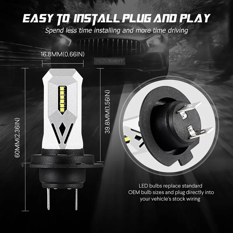 

Novsight H7 Led Headlight 80w 1500lm 6500k Car Light 12v 24v Waterproof Mini Size Car Accessories Replacement Bulbs