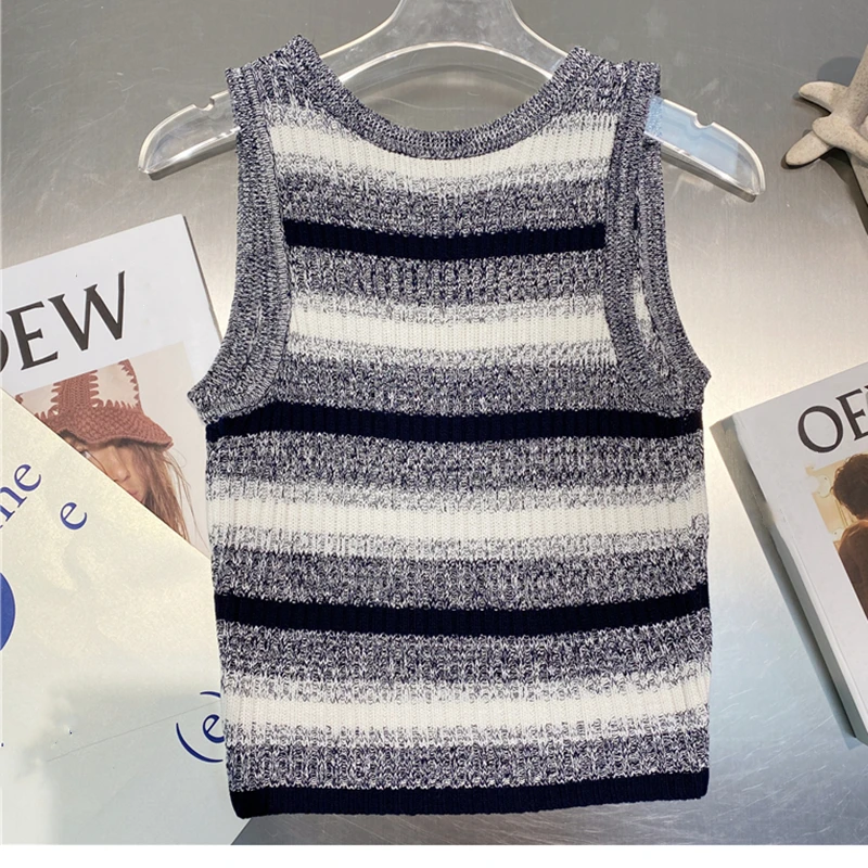 

Summer Simple Striped Knitted Tops Tanks for Women Fashion Design O-neck Sleeveless Ladies Vest Tank Top Women High Quality