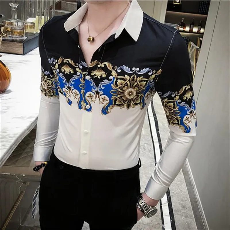 Сезон весна Роскошная рубашка барокко для мужчин Camisas Para Homem Повседневное платье