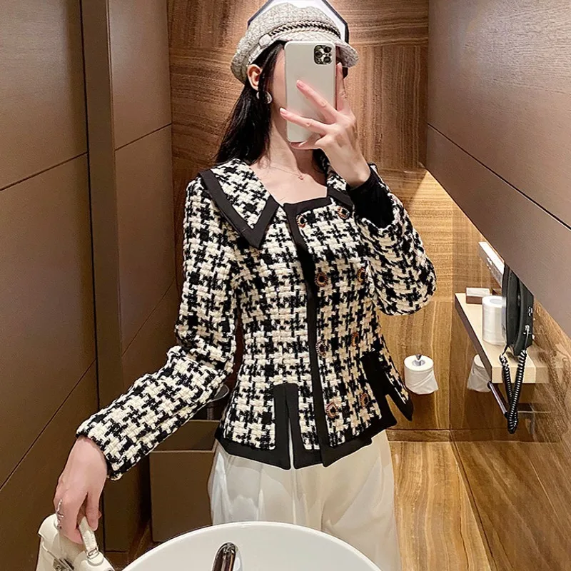 

Sweet Tweed Jacket Womens Autumn Winter Fashion Slim Short O-Neck Single Breasted Plaid Spliced Vintage Female Outerwear