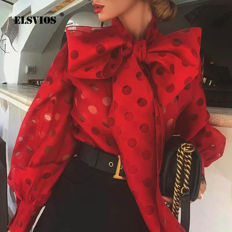 

Women Lantern sleeve blouse shirts Lady sweet bow tie Lace tops blusas Elegant 2019 Autumn Winter polka Dot print Casual Shirts