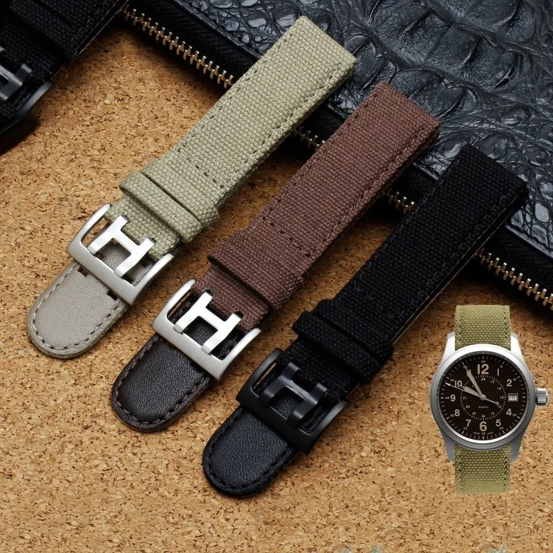 

Black Genuine Leather Nylon WatchBand For Hamilton Khaki Field Watch H760250 H77616533 For Seiko Watch Anti-fall Strap 20mm 22mm