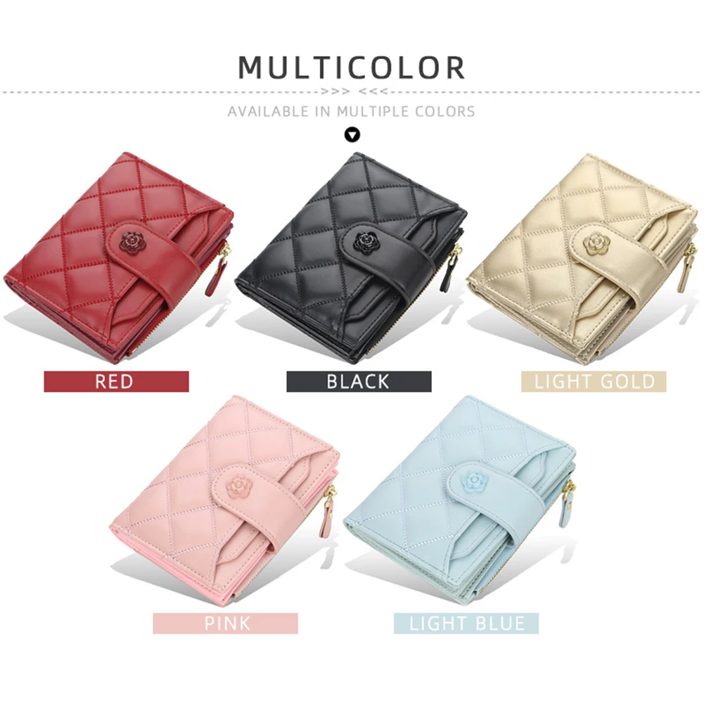 

Female Vintage PU Leather Trifold Card Case Solid Color Lattice Coin Purse Women Snap Zipper Mini Wallet ID Card Storage Holder