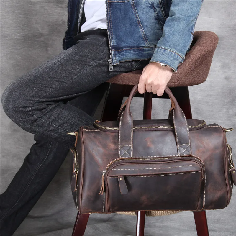 vintage natural crazy horse cowhide men's travel bag weekend outdoor business genuine leather handbag women's luggage bag