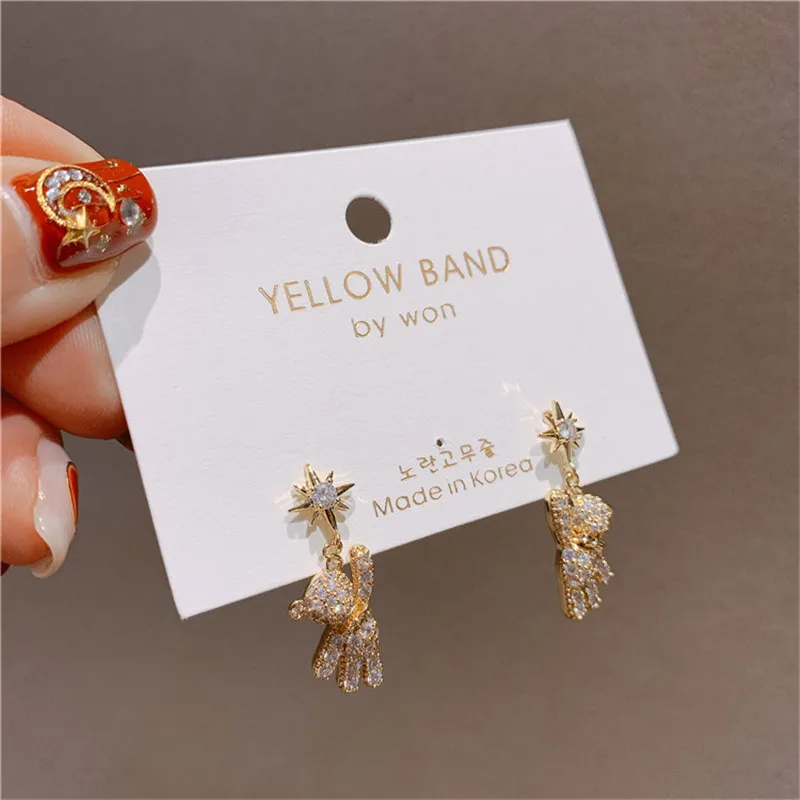

Korean Style Rhinestones Rings Sparkly Cute Star Gold Bear Pendant Earring Drops Cute Critters Jewelry for Women Girls Gift New
