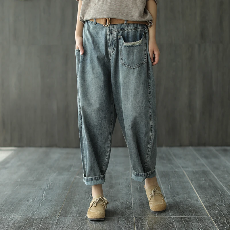 

Summer Jeans Women Elastic Waist Loose Retro All-match Denim Pants 2020 New Casual Female Bleached Sashes Lantern Trousers