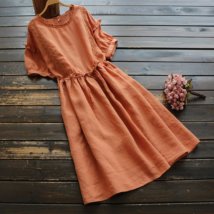 

6280New Summer Women's Artistic Retro Lace Ruffled Cotton and Linen Lace-up Waist Solid ColoraDress