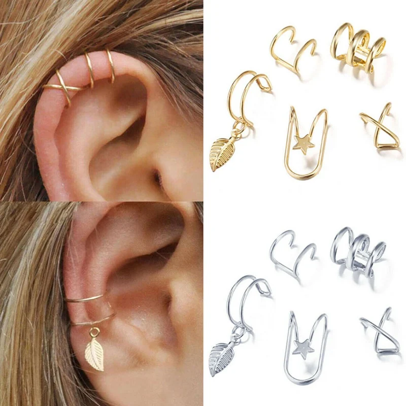 

5 Pcs/set 2021 Fashion Gold Color Ear Cuffs Leaf Clip Earrings For Women Climbers No Piercing Fake Cartilage Earring Accessories