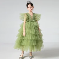 tulle gowns for girls wedding long green white pink flower girl ball gown tiered fluffy 5 layers pageant party formal dresses