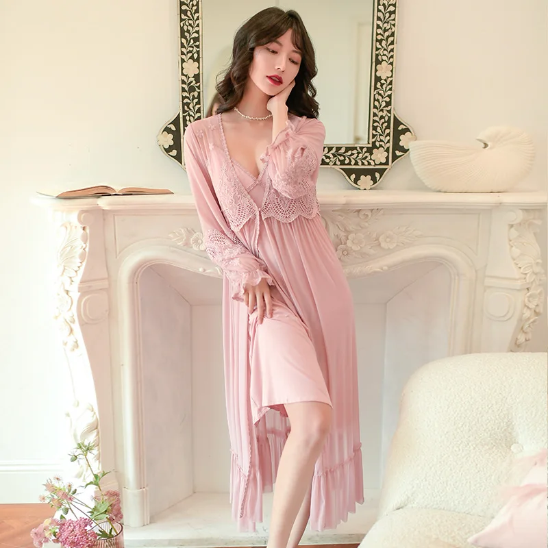 Women's Nightdress Court Lace Seductive Sexy Two Piece Suspender Nightdress Long Modal Home Wear with Chest Pad Robe Sets