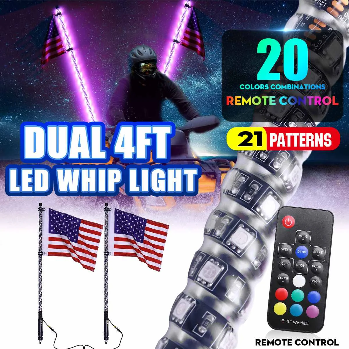 

1 Pair 4/5FT RGB Whip Light with Base Waterproof Bendable Wireless Remote Control Flagpole LED Lamp Light DC12V+America Flag