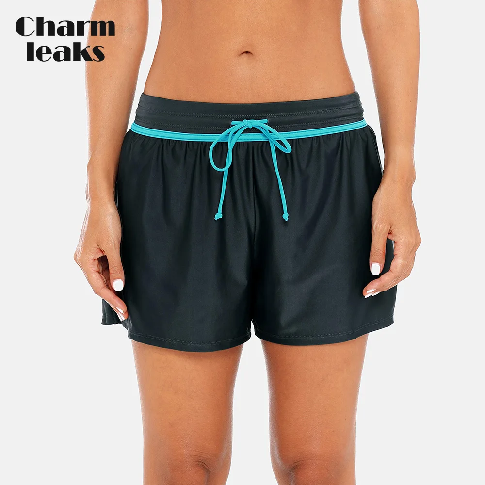 

Charmleaks Women Swimming Shorts Patchwork Bikini Bottom Strappy Adjustable Swimwear Briefs Boy Shorts Swimming Trunks
