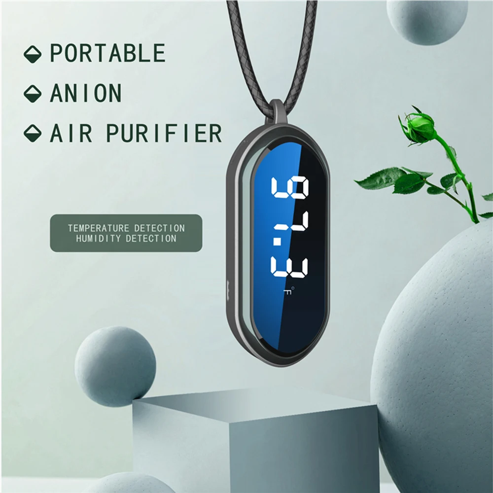 

Portable Negative Ion Air Purifier Silent Smoke Removal Formaldehyde Temperature Measure Hanging Neck Air Filter for Car Office