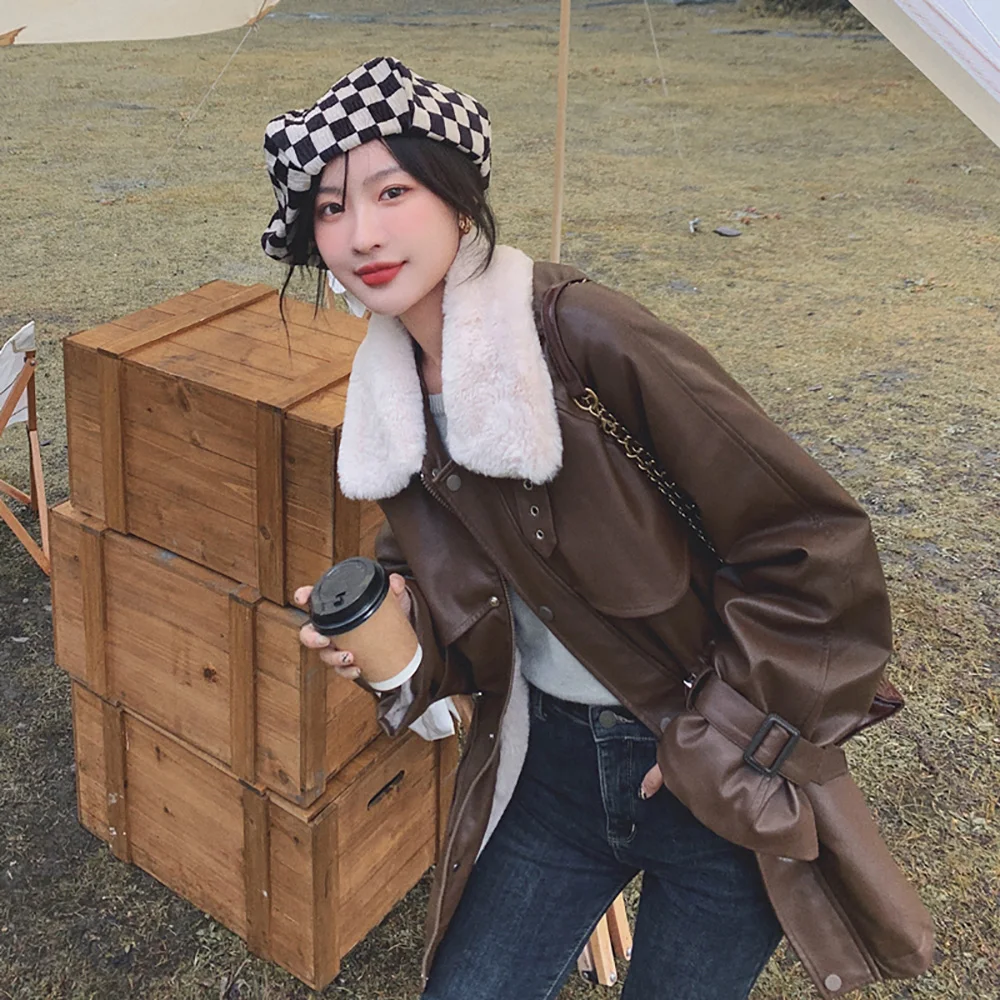WQJGR Faux Fur Coat Oversize Lambswoo Full Sleeve Turn-down Collor Brown PU Winter Jacket Women Casual 2022