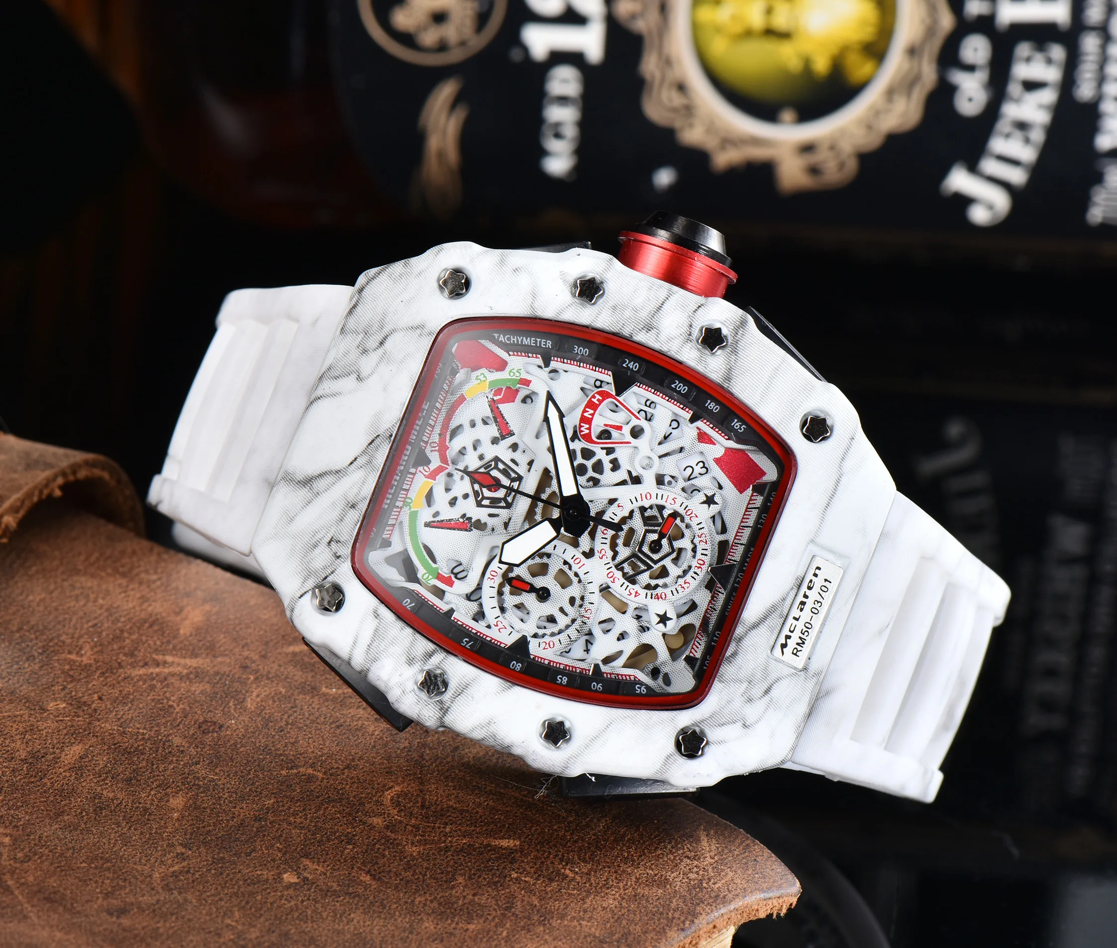 

Men Watches Quartz Fashion Richard Gift Men's Watch Multifunction Rose Gold Hollow Flower Ghost Head Barrel-shaped Tonneau Shape