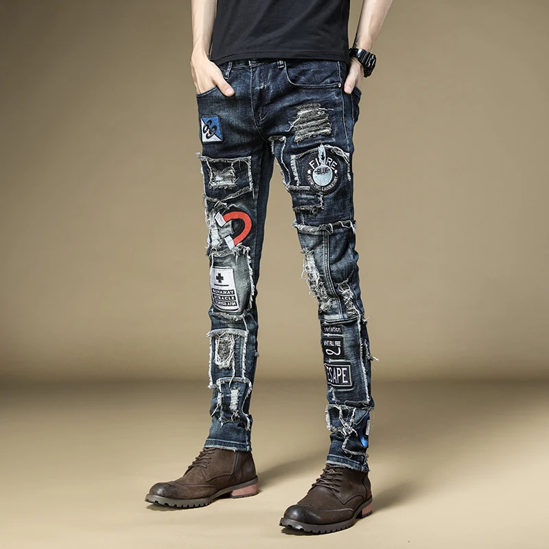 Pantolon Erkek Kot Men's Male Denim Jeans Spring Embroidered Slim Feet Pants Fashion Hip-hop Rock Tide Casual Trousers 84%cotton