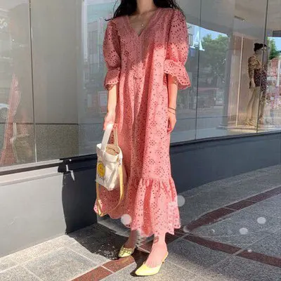 

Retro Lace Dresses Women's V-neck Hollow Out Dress Short Sleeve Loose Long Dress for Women Vintage Ruffle Dress Vestido Feminino