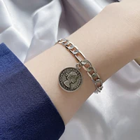925 silver bracelet retro round brand embossed portrait chain bracelet coin pendant trendy womens jewelry party bracelet